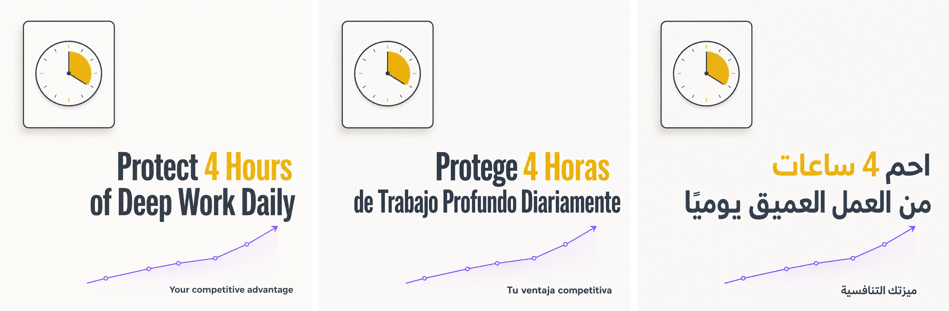 The same on-brand visual generated in English, Spanish and Arabic — identical design, correct RTL composition
